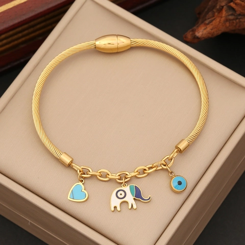 Böser Blick Elefant Hamsa Hand Charm Armband Edelstahl Emaille Straß Goldfarbenes Kordelarmreif Für Damen