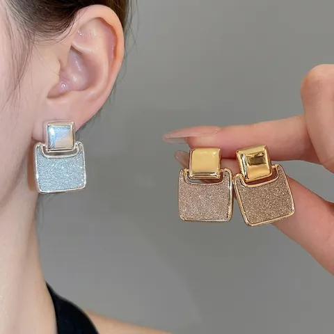 Geometric Square Stud Earrings Copper 18K Gold Plated With 925 Sterling Silver Earring Post Glitter Starry Sky Jewelry