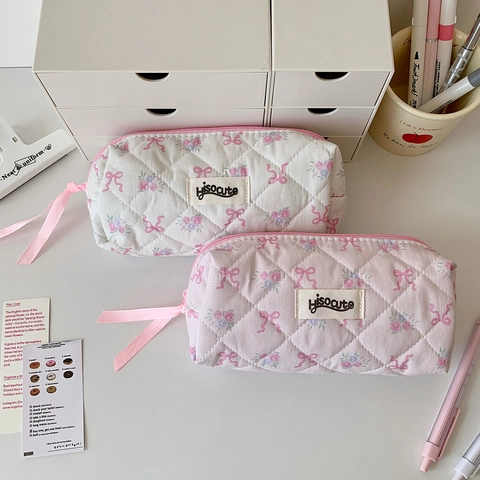 Gestepptes Baumwolle Mäppchen Blumen Schleife Reißverschluss Große Kapazität Make-Up Beutel Tragbare Schreibwaren Tasche