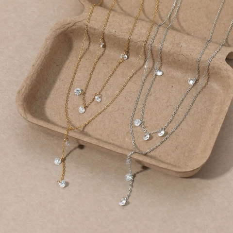 Double Layer Y Shaped Necklace 304 Stainless Steel Cubic Zirconia Sparkling Pendant Minimalist Jewelry For Women