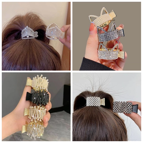 Pinza Para El Cabello Elegante De Aleación Con Cristales Y Perlas Artificiales Forma Corona Conejo Gato Para Mujeres Soporte Coleta Alta