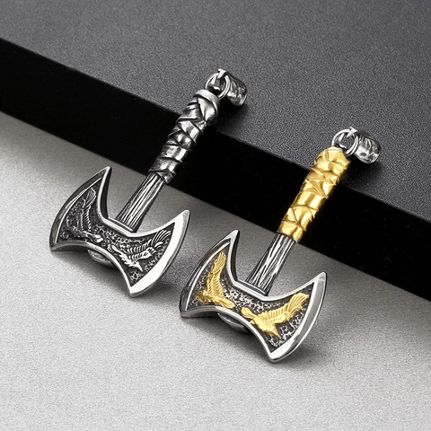 Viking Double Headed Axe Pendant Necklace Stainless Steel Titanium Steel Crow Eagle Pattern Nordic Punk Hip Hop Jewelry For Men