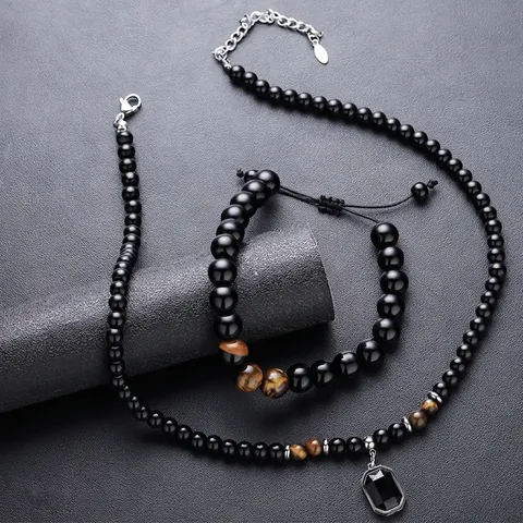 Obsidian And Tiger Eye Stone Beaded Necklace And Bracelet With Octagonal Faceted Pendant Adjustable Woven For Men Women