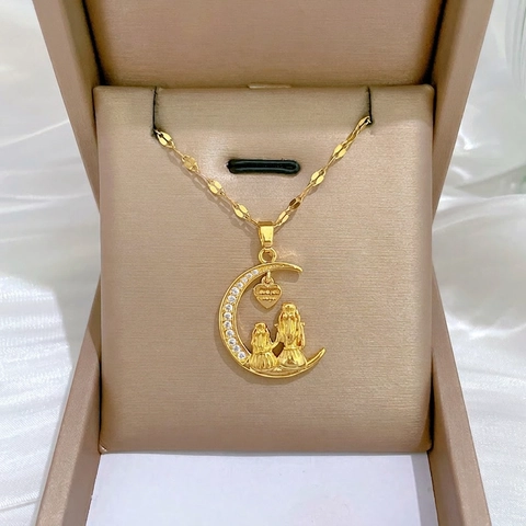 Edelstahl Kupfer Mondsichel Anhänger Halskette Mit Zirkonia Mutter Und Kind Silhouette Herz Geschenk