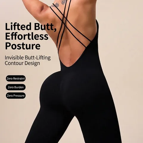 Tuta Da Yoga A Costine Senza Cuciture Donna Schiena Incrociata Body Sportivo Nylon Spandex Asciugatura Rapida Fitness