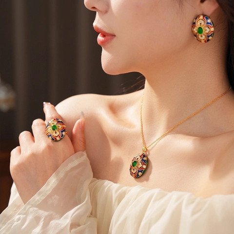 Vintage Enamel Necklace Earrings Ring Copper Zircon Green Gemstone With Silver Earring Post Palace Ethnic Jewelry