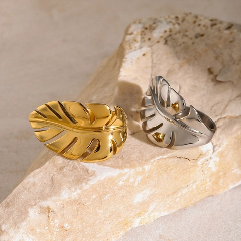 Monstera Blatt Ring 18K Vergoldet Edelstahl Hohl Verstellbar Offen Wasserdicht Tropisch Statement Schmuck