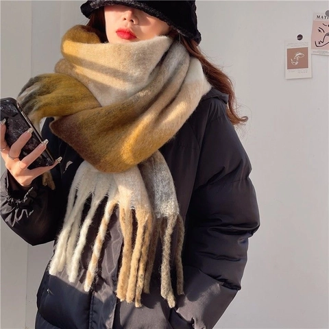 Sciarpa A Quadri Con Nappine Donna Inverno Spessa Arcobaleno Blocchi Di Colore Imitazione Cashmere Mohair Maglia Scialle