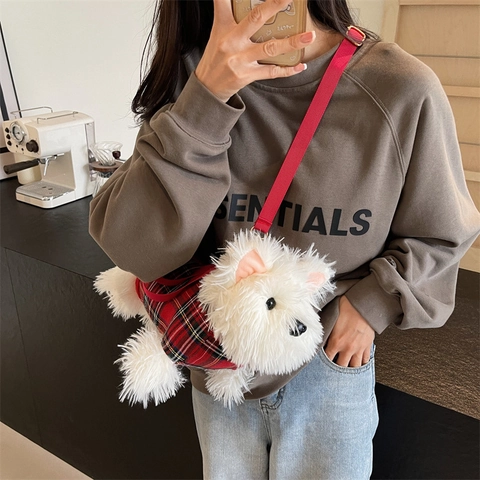Cartoon Westie Dog Plush Crossbody Bag Red Tartan Vest Soft Animal Shape Handbag For Girls Cute Puppy Shoulder Purse