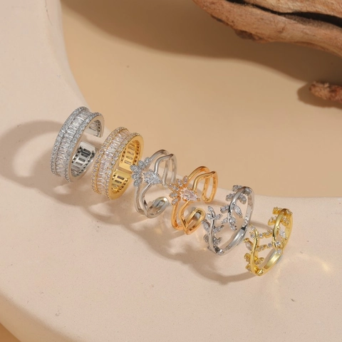 Adjustable Copper Ring Zircon Inlaid Branch Leaf Crown Shape Simple Light Luxury Fashion Jewelry For Women