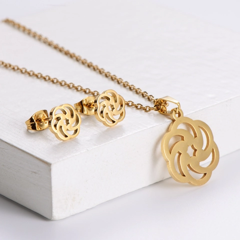 Hohl Rotierende Petal Sun Spiral 18K Vergoldet 316 Edelstahl Halskette Und Ohrringe Schmuck Für Frauen Minimalistisch