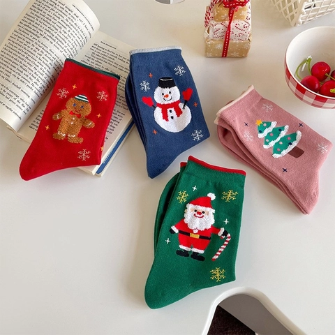 Christmas Socks Cotton Knit Cartoon Santa Snowman Gingerbread Man Pattern Mid Calf Casual Festive Novelty For Women Girls