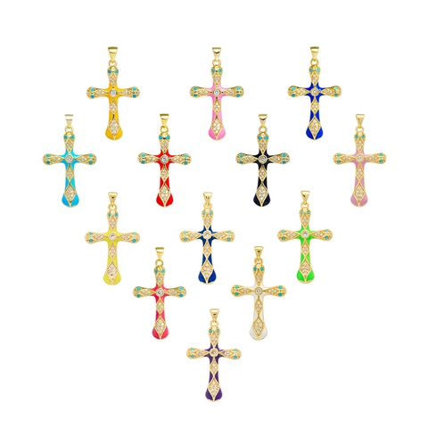 Pendente A Croce Smalto Colorato Rame Placcato Oro 18K Zircone Religioso Stile Bohemien Gioielli DIY Per Donne