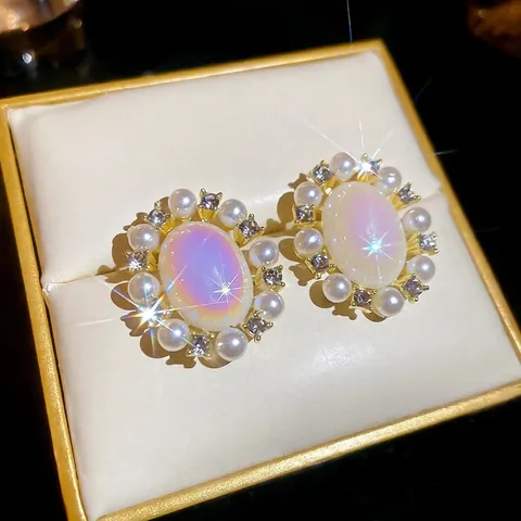 Vintage Oval Stud Earrings For Women With Colorful Opal Stone Artificial Pearl Rhinestone And Silver Earring Post French Retro Style