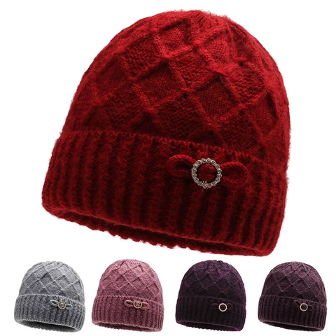 Women Winter Knitted Beanie Hat Warm Fleece Lined Thick Cap Rhombus Pattern With Bow Rhinestone Elderly Gift