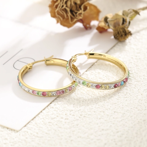 Luxury Stainless Steel Colorful Rhinestone Hoop Earrings For Women Gold Plated Heart Round Geometric Fashion Jewelry Accessories