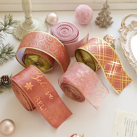 Christmas Ribbon Rose Gold Pink Bronzing Velvet Organza Wire Edged For Gift Wrapping Holiday Tree Decor