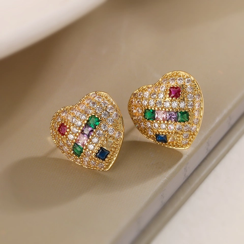 Vergulde Koperen Geometrische Hart Oorknopjes Met Gekleurde Strass Luxe Sieraden Voor Vrouwen Cadeau
