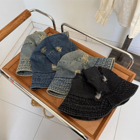 Retro Distressed Denim Style Acrylic Bucket Hat For Women Ripped Fringed Sun Protection Summer Street Basin Hat