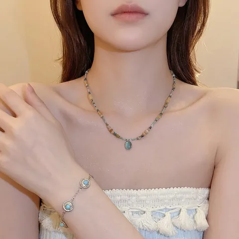 Vintage Bohemian Perlenkette Und Armband Ovaler Katzenauge Anhänger Runder Türkis Stein Überzogene Legierung Accessoire