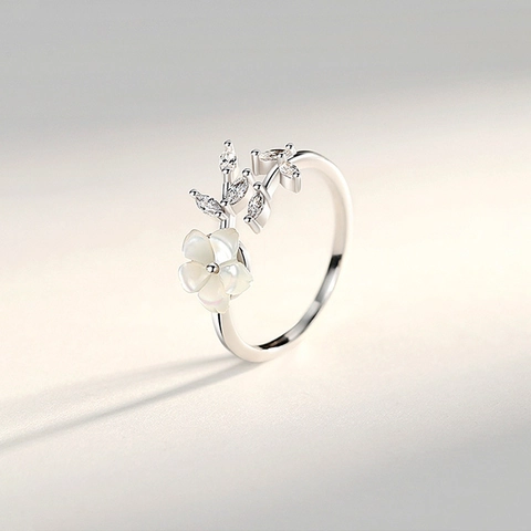 Bague Ajustable En Cuivre Fleur Marguerite Feuille Coquillage Zircone Pour Femmes Élégant