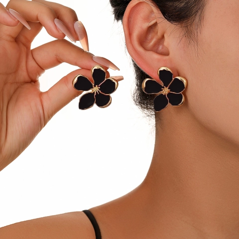 Flower Stud Earrings Alloy Enamel Five Petal Gold Tone Statement Vintage Ins Style Jewelry Accessories For Women