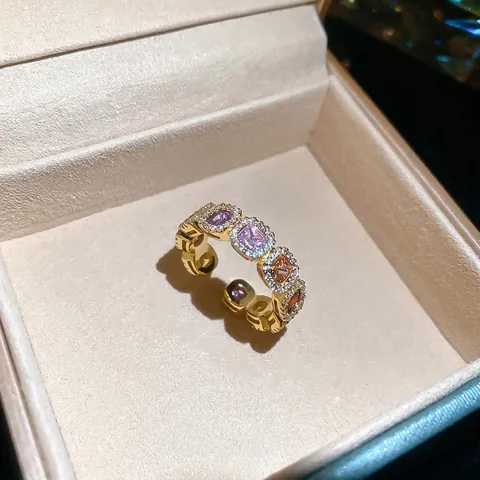 Πολύχρωμο Ανοιχτό Δαχτυλίδι Ζιργκόν 14K Επιχρυσωμένος Χαλκός Τετράγωνο Στρας Ρυθμιζόμενο Κόσμημα Για Γυναίκες