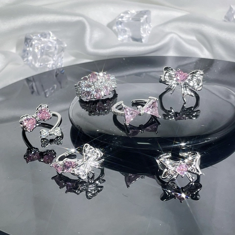 Luxury Copper Pink Zirconia Bowknot Open Ring For Women Sweet Cool Heart Pattern Silver Plated Adjustable Finger Ring Fashion Jewelry Gift