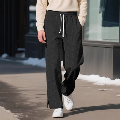 Men Casual Pants Knit Jacquard Cable Texture Drawstring Straight Wide Leg Solid Color Side Split Trousers