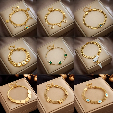 Layered Stainless Steel Bracelet With Roman Numeral Disc Pendants Shell Inlay Zircon Charm Vintage Gold Plated Women Jewelry