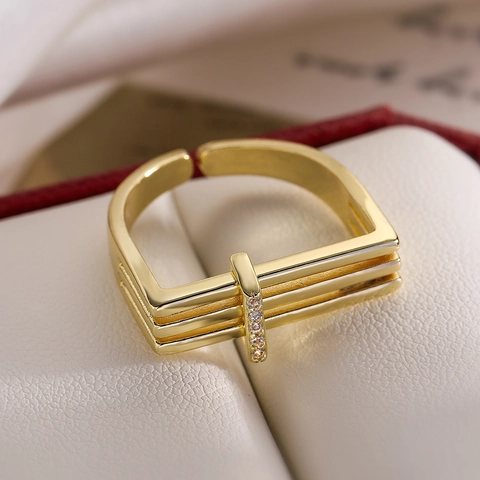 Geometric Open Ring Copper 18K Gold Plated Zircon Multi Layer Adjustable Minimalist Jewelry For Women