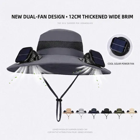 Solar Power Dual Fan Bucket Hat Nylon Wide Brim Breathable Outdoor Fishing Hiking Sun Protection For Men