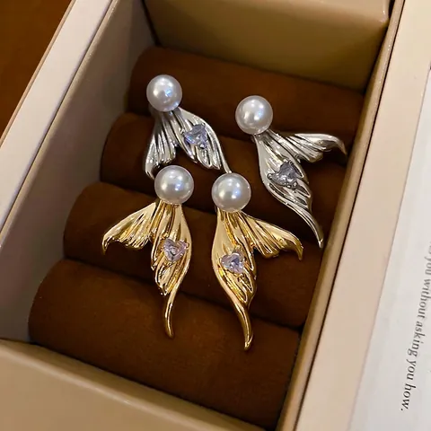 Meerjungfrauenschwanz Herz Zirkon Künstliche Perle Ohrringe Legierung Ozean Stil Mit 925 Sterling Silber Ohrstecker Elegant Für Frauen