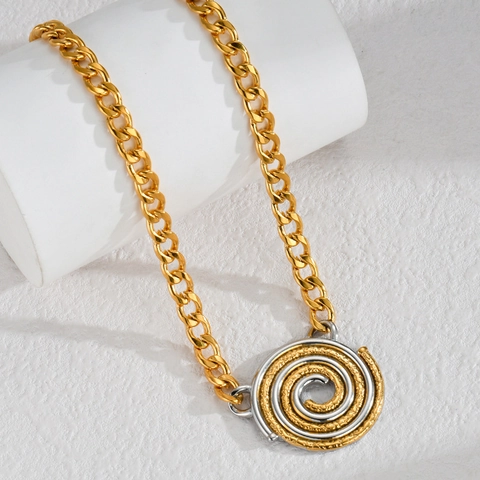 Stainless Steel 18K Gold Plated Rhinestone Necklace Bracelet Set Spiral Disk Pendant Curb Chain For Women Jewelry