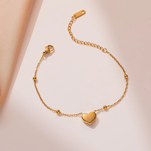 Elegant 18K Gold Plated Titanium Steel Heart Pendant Bracelet For Women Minimalist Small Gold Bead Chain Fashion Jewelry Gift