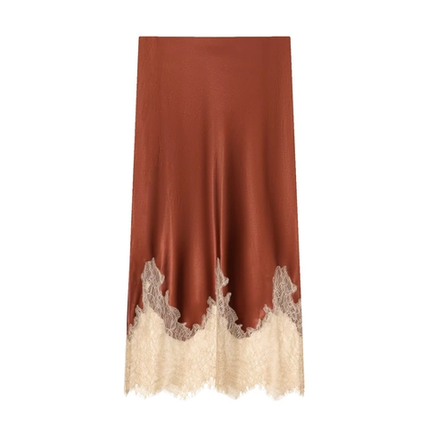 Gonna Midi In Raso Con Bordo In Pizzo Vita Alta Texture Raso Rame Bronzo Taglio Dritto Street Style Per Donne