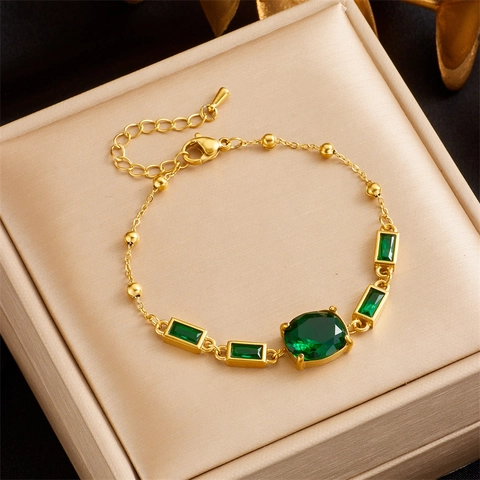Vintage Light Luxury Stainless Steel Bracelet For Women Emerald Green Rhinestone Geometric Oval Square Link Adjusted Chain Jewelry