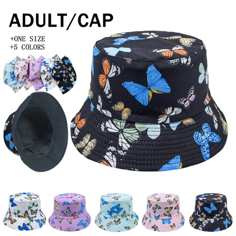 Butterfly Print Bucket Hat Cotton Wide Brim Reversible Sun Protection Outdoor Summer Fisherman Cap For Women