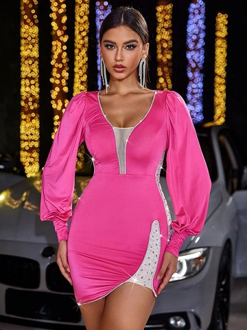 Sexy Felroze Mini Jurk Lange Lantaarnmouwen Diepe V-Hals Mesh Patchwork Strass Zijsplit Slim Fit Party Avond