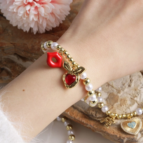 18K Gold Plated Copper Bead Artificial Pearl Bracelet With Red Heart Lips Charms Rhinestone Beaded Bracelet Trendy Jewelry For Women