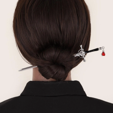Bastoncino Per Capelli A Spada Vintage Lega Stile Antico Cinese Forcina Con Ciondolo Gemma Rossa Per Donne Gioielli Retrò