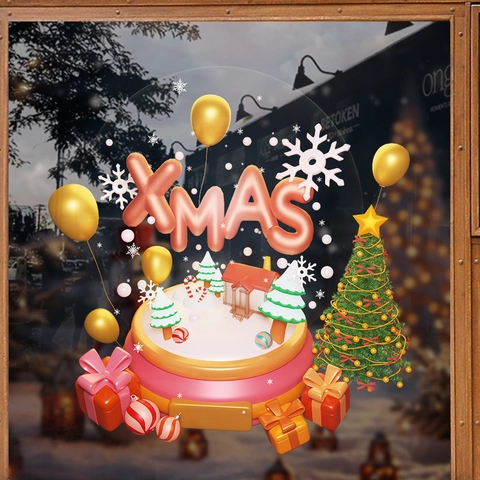 Christmas Window Stickers 3D XMAS Static Cling PVC Reusable Holiday Glass Door Decor Double Sided Visible