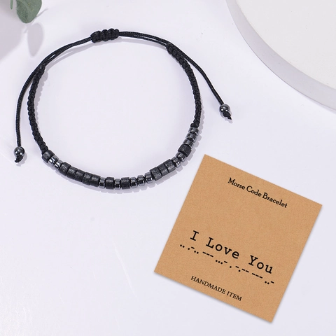 Bracciale Codice Morse Fatto A Mano Pietra Magnetica Nera Corda Intrecciata Regolabile Vintage Regalo Per I Love You