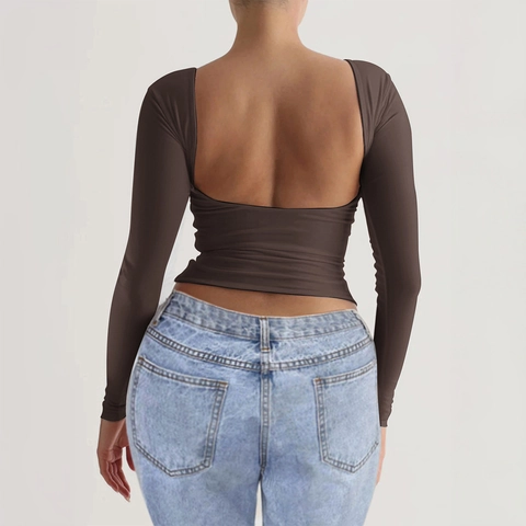 Knitted Backless Women T-Shirt Round Neck Long Sleeve Slim Fit Y2K Solid Color Polyester Top