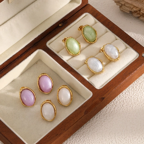 Oval Stud Earrings Gold Plated Stainless Steel Irregular Texture Resin Inlay Vintage Geometric Jewelry For Women