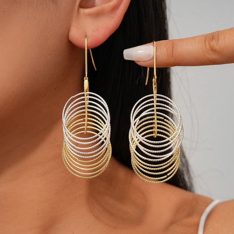 Geometrische Lagen Kreisförmige Hängeohrringe Bicolor Gold Silber Strukturierte Kupfer Fischhaken Modeschmuck Damen