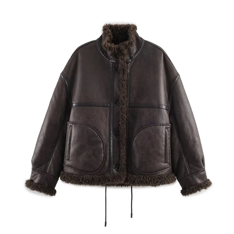 Damen Winter Vintage Übergroße Doppelseitige Kunstlederjacke Mit Kunstpelzbesatz Stehkragen Warme Fliegerjacke Mantel