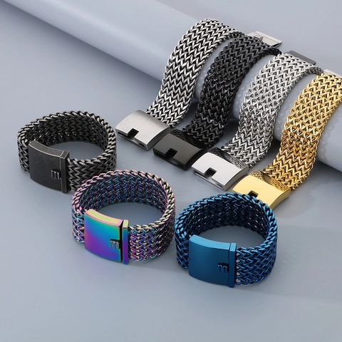 Pulsera De Malla De Acero Inoxidable Ancha Para Hombre Hebilla Cuadrada Pesada Cadena Escama De Pez Hip Hop Moda
