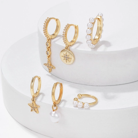 Orecchini Pendenti Stella Perla Artificial Con Perno In Argento Rame Zirconia Cerchi Ear Cuff Moda Da Donna