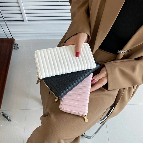 Women Long Wallet PU Leather Quilted Vertical Striped Clutch Zipper Large Capacity Minimalist Style Ladies Purse